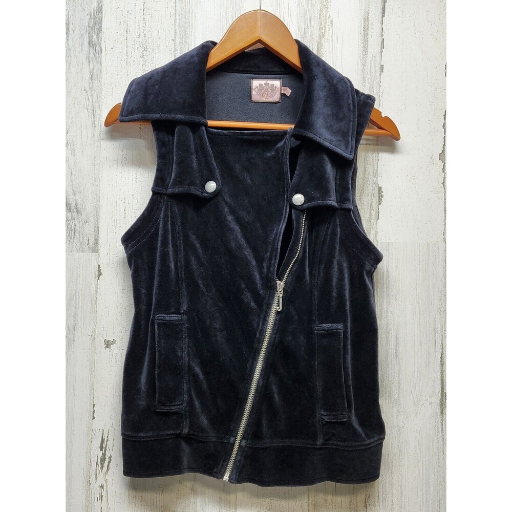 Juicy Couture Vest Women Small Black Velour Metal J Logo Asymmetrical Zip